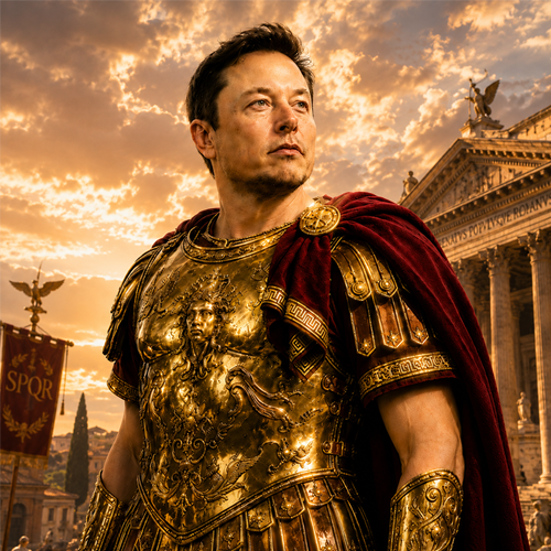 The Doge Father — Elon Musk as the Golden Imperator standing triumphant on the mountain peak in full Roman armor and flowing crimson cape