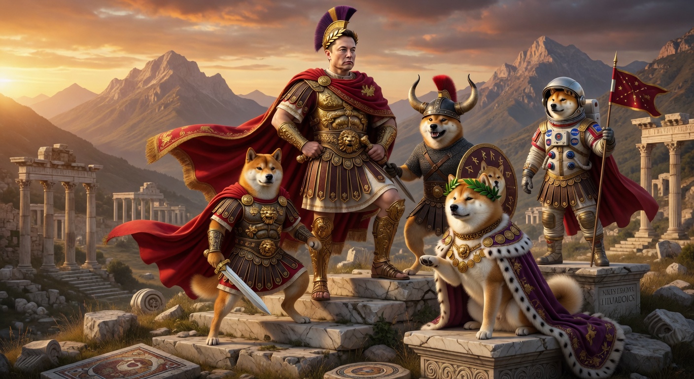 The Doge Father with his four heirs standing together on a mountain peak at golden hour